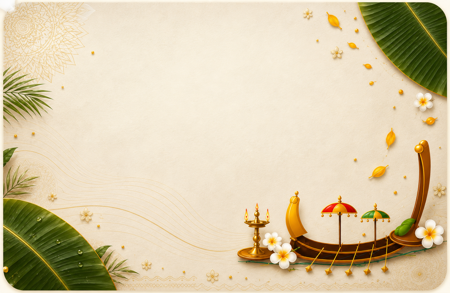 Kerala Onam boat, banana leaves, lamp and festive flowers illustration